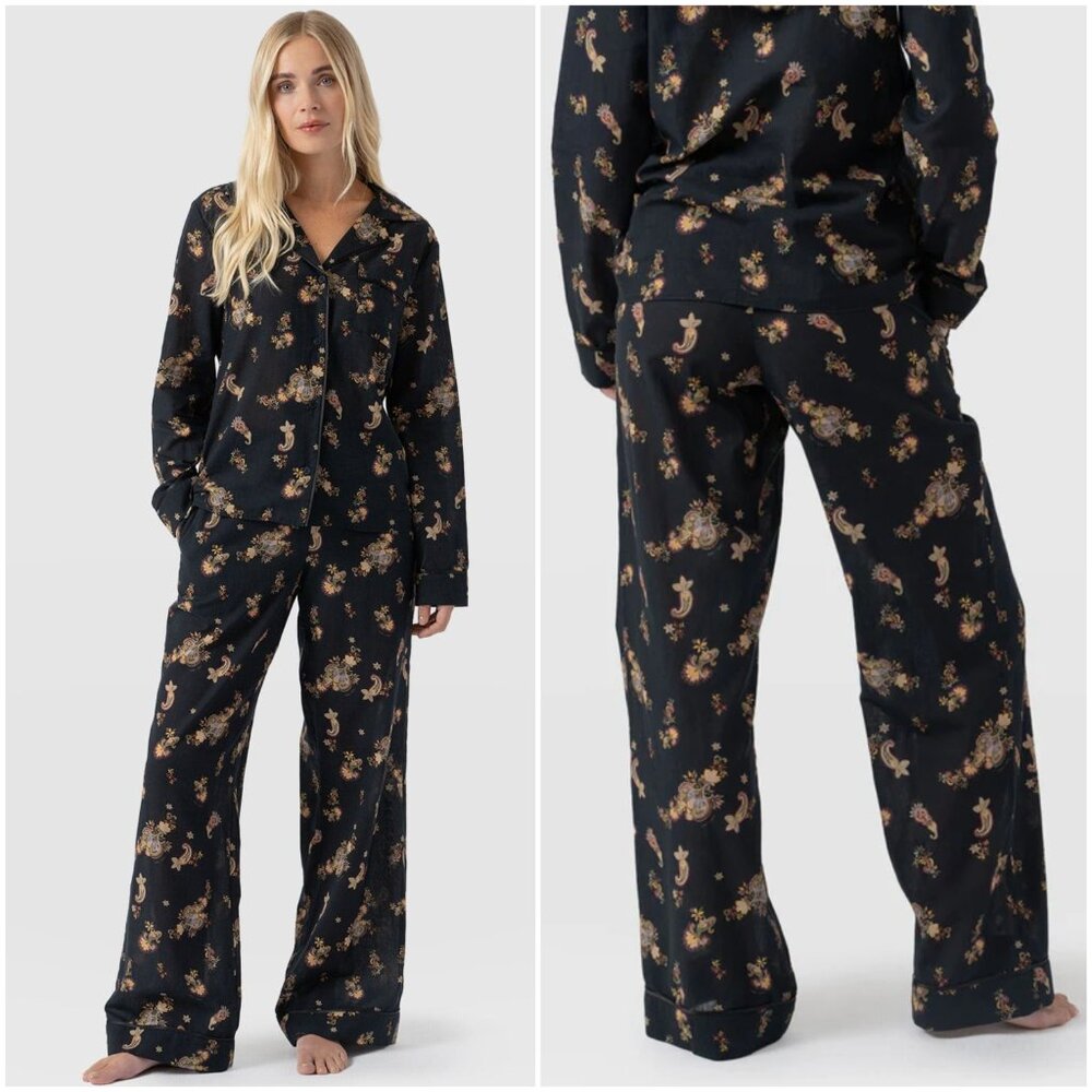 SAINT + SOFIA Norah Loungewear Set Pajama Organic Cotton Black Paisley size 8